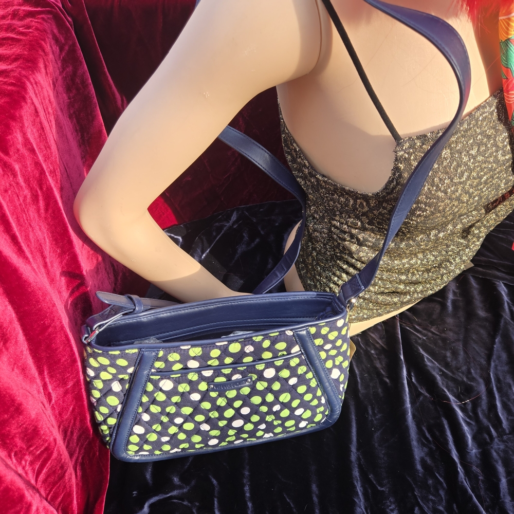 Vera Bradley Navy Green Dot Quilted Shoulder Bag Zip Top Pockets